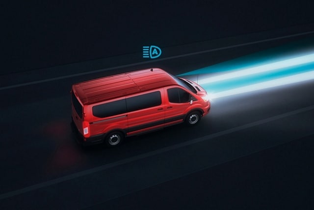 Video dramatization of a 2024 Ford Transit® model with auto high-beam headlamps