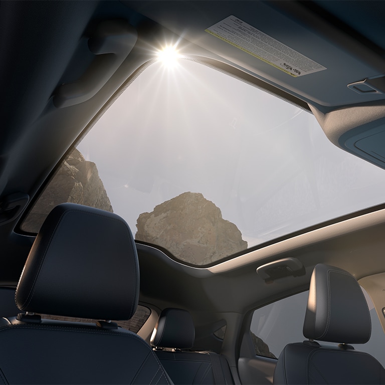 A closeup of the panoramic fixed-glass roof in a 2022 Ford Mustang Mach-E