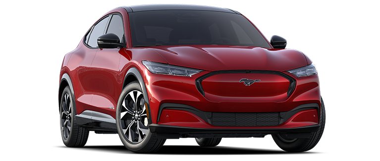 Front view of a Mustang Mach E Premium model in Rapid Red